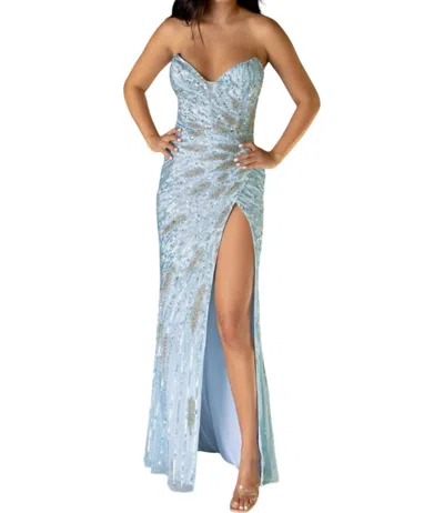 Primavera Strapless V-neck Prom Dress In Powder Blue In Blue