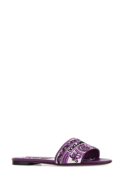 Dolce & Gabbana Violet Sandals With Logo Embroidery On The Front And All-over Majolica Motif In Cotton Blend Woman