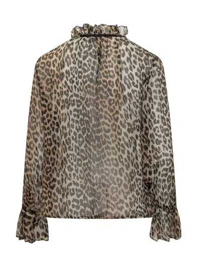 Ganni Printed Viscose Chiffon Tie String Shirt Shirts Animalier In Animal Print