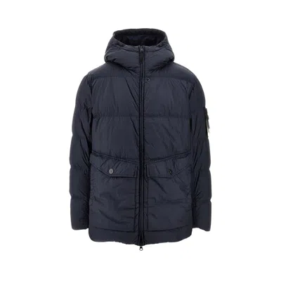 Stone Island Blue Down Jacket With Drawstring Hood And Logo Patch On The Sleeve In Tech Fabric Man