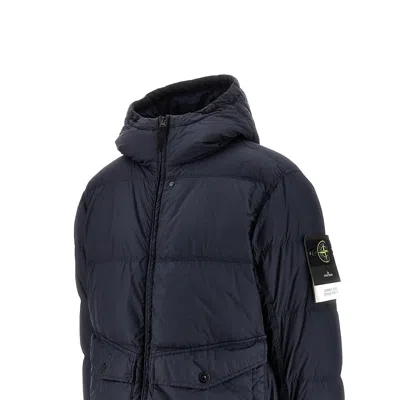 Stone Island Blue Down Jacket With Drawstring Hood And Logo Patch On The Sleeve In Tech Fabric Man