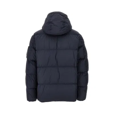 Stone Island Blue Down Jacket With Drawstring Hood And Logo Patch On The Sleeve In Tech Fabric Man