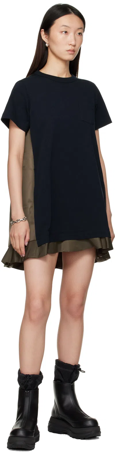 Sacai Black Nylon Twill & Cotton Jersey Minidress