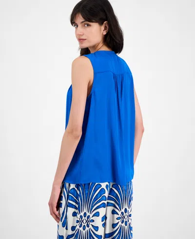 T Tahari Women's V-neck Sleeveless Lace-shoulder Top In Blue