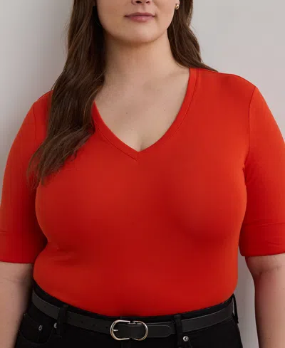 Ralph Lauren Plus Size Stretch Cotton Elbow-sleeve V-neck Tee