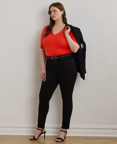 Ralph Lauren Plus Size Stretch Cotton Elbow-sleeve V-neck Tee