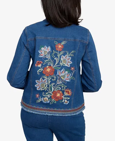 Alfred Dunner Women's El Paso Floral Vine Embroidered Border Denim Jacket