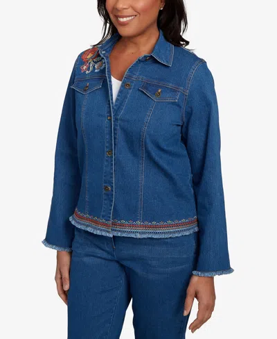 Alfred Dunner Women's El Paso Floral Vine Embroidered Border Denim Jacket
