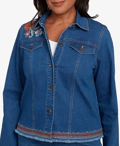 Alfred Dunner Women's El Paso Floral Vine Embroidered Border Denim Jacket