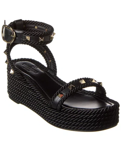 Valentino Rockstud Torchon 60 Leather And Silk Rope Platform Espadrilles In Black