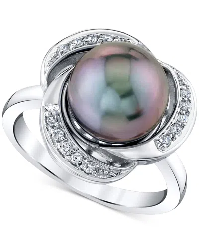 Macy's Cultured Tahitian Pearl (10mm) & Diamond (1/8 Ct.tw) Statement Ring In 10k White Gold