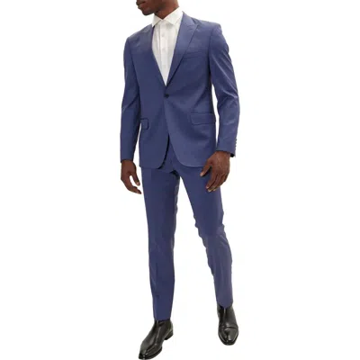 Ron Tomson Trim Fit Solid Peak Lapel Wool Suit In Blue