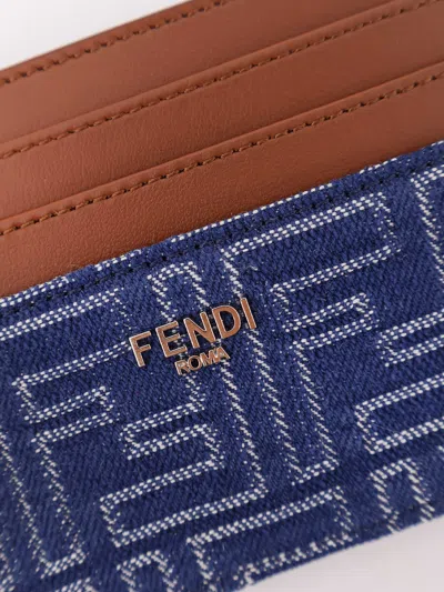 Fendi Jacquard Ff Fabric Cardholder With Denim Effect In Blue