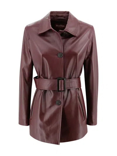 Max Mara Studio Button-up Belted Jacket In Burgundy