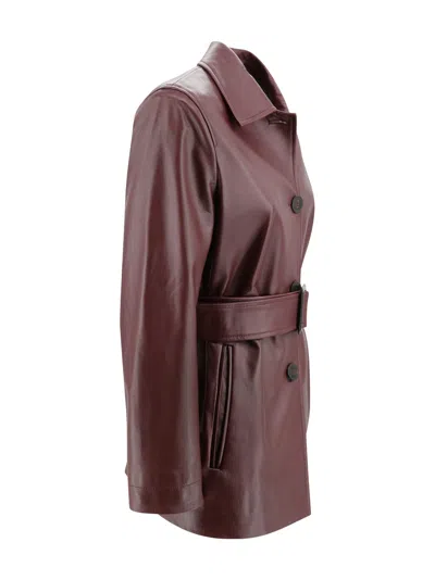 Max Mara Studio Button-up Belted Jacket In Burgundy