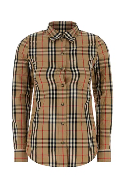 Burberry Cotton Shirt With Embroidered Check Pattern In Brown