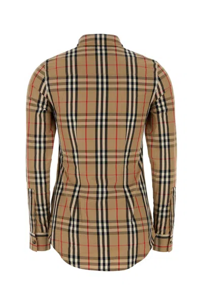 Burberry Cotton Shirt With Embroidered Check Pattern In Brown