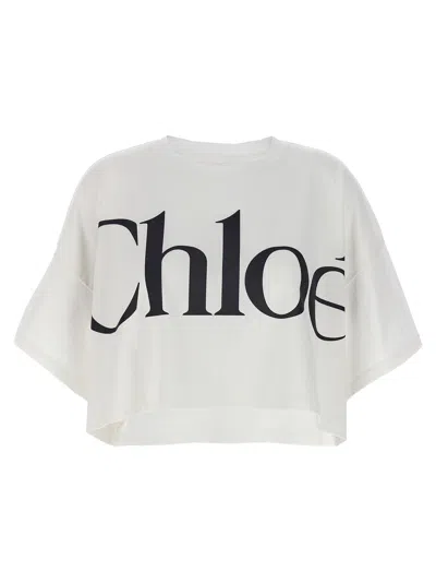 Chloé White Cropped T-shirt With Logo Lettering Print In Cotton Woman In White