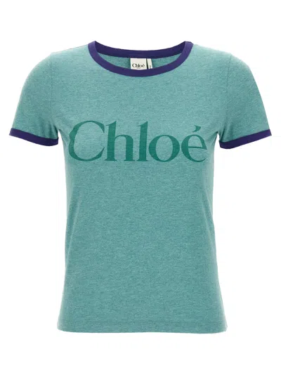 Chloé Green Crewneck T-shirt With Logo Lettering Print On The Front In Cotton Woman