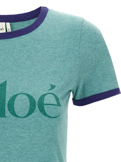 Chloé Green Crewneck T-shirt With Logo Lettering Print On The Front In Cotton Woman