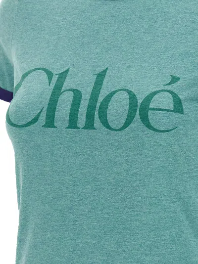 Chloé Green Crewneck T-shirt With Logo Lettering Print On The Front In Cotton Woman
