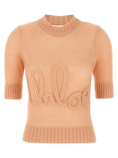 Chloé Wool And Silk Logo-applique Top In Pink