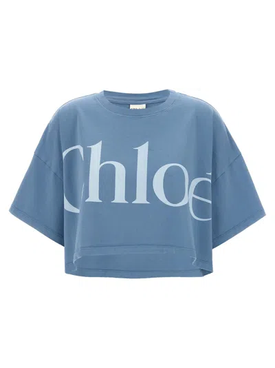 Chloé Oversize Signature Logo Crop Graphic T-shirt In Blue