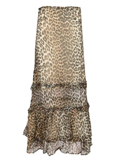 Ganni Animal Print Flared Layered Leopard Skirt