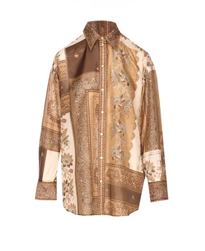 Zimmermann Lucky Brown Shirt With Classic Collar And All-over Floral Print In Silk Woman