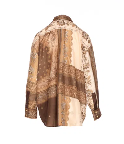 Zimmermann Lucky Brown Shirt With Classic Collar And All-over Floral Print In Silk Woman