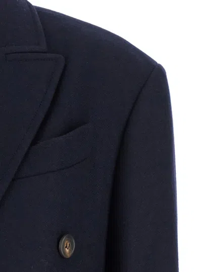 Brunello Cucinelli Blue Double-breasted Long Coat With Peak Revers