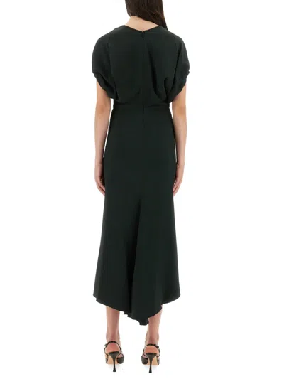 Victoria Beckham Green Midi Dress With Ruched Sleeves And V Neck In Green