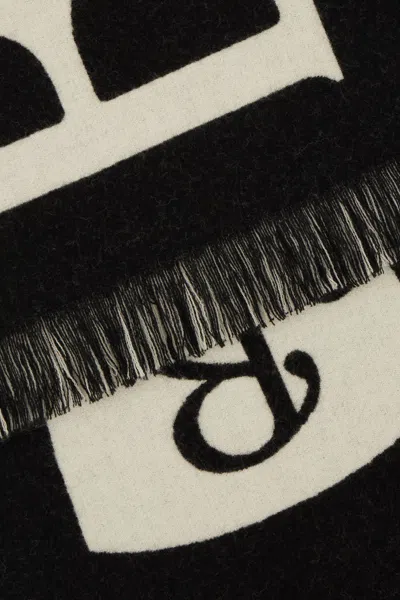 Burberry Embroidered Wool Scarf Fringe Detail In Black