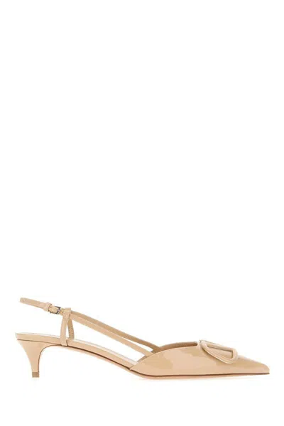 Valentino Garavani Beige Slingback Pumps With Vlogo Plaque And Low Stiletto Heel In Leather Woman In Neutral