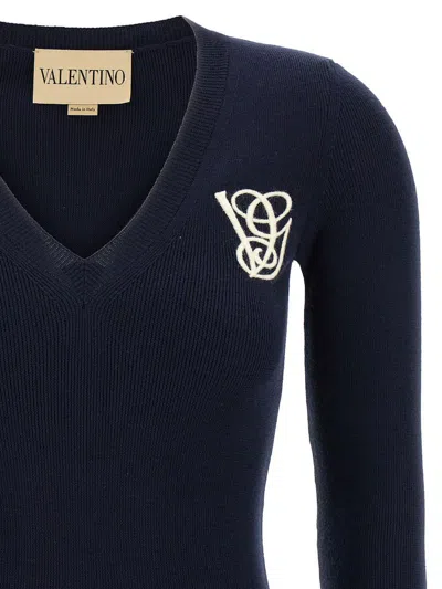 Valentino Embroidered Sweater With Front Pockets And Ruffle Cuffs In Blue