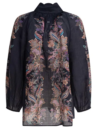 Zimmermann Rhiannon Billow Blue Blouse With High Neck And All-over Paisley Print In Ramie Woman