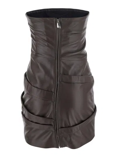 Attico Strapless Leather Dress With Layered Textured Finish In Brown