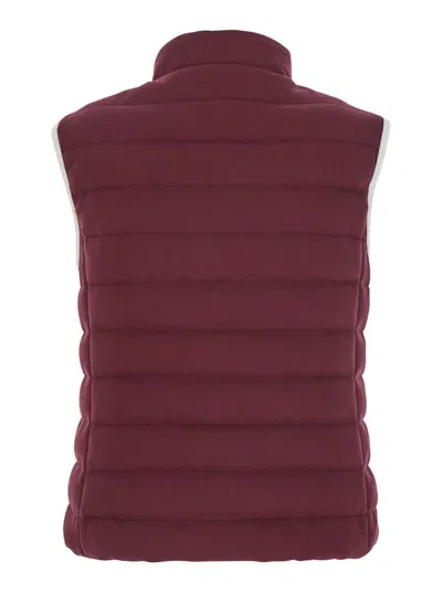 Brunello Cucinelli Logo Quilted High Collar Sleeveless Jacket In Burgundy