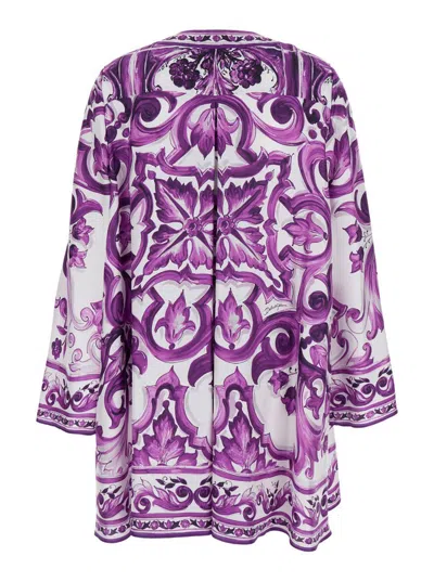 Dolce & Gabbana Majolica Silk Twill Long-sleeve Mini Shift Dress In Purple