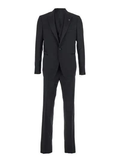 Tagliatore Black Single-breasted Suit With Notched Revers In Wool Man In Black