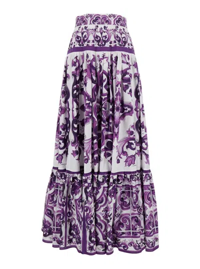 Dolce & Gabbana Violet Long Skirt With Ruffle Hem And All-over Floral Motif In Cotton Woman In Purple