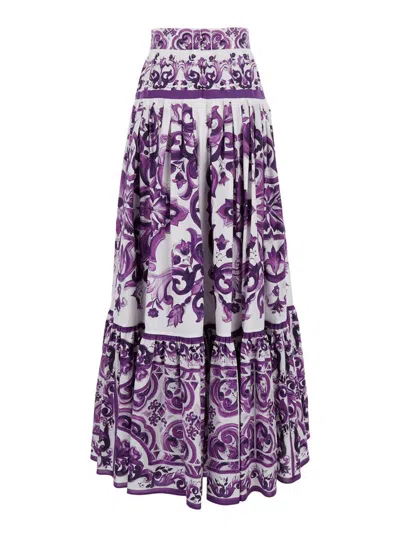 Dolce & Gabbana Violet Long Skirt With Ruffle Hem And All-over Floral Motif In Cotton Woman In Purple