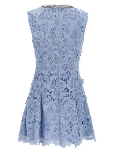 Self-portrait Bue Crewneck Mini Dress With Rhinestoned Collar And All-over Floral Lace Embroidery In Tech Fabric W