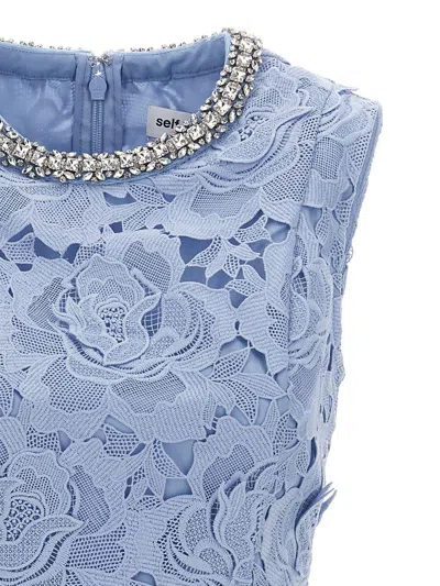 Self-portrait Bue Crewneck Mini Dress With Rhinestoned Collar And All-over Floral Lace Embroidery In Tech Fabric W