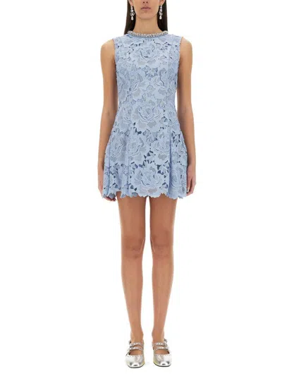 Self-portrait Bue Crewneck Mini Dress With Rhinestoned Collar And All-over Floral Lace Embroidery In Tech Fabric W