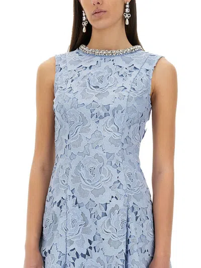 Self-portrait Bue Crewneck Mini Dress With Rhinestoned Collar And All-over Floral Lace Embroidery In Tech Fabric W