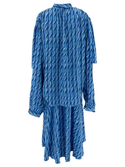 Balenciaga Blue Long Dress With All-over Print And Bow Closure In Fabric Woman