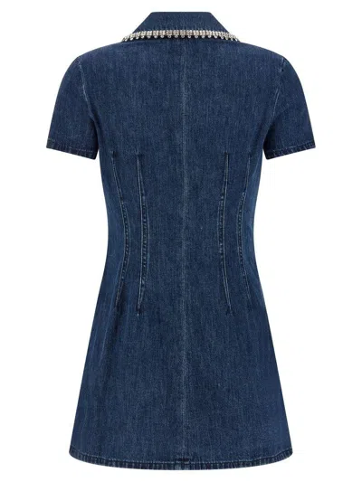 Self-portrait Blue Mini Dress With Rhinestoned Collar And Jewel Buttons With Crystals In Denim Woman In Blue