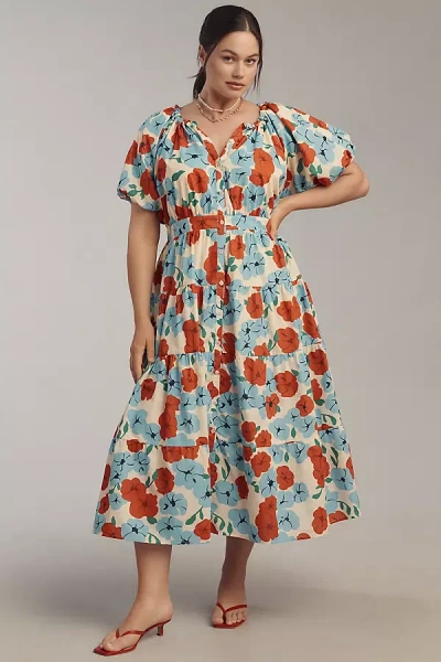 English Factory Plus Puff-sleeve Tiered Floral Midi Dress