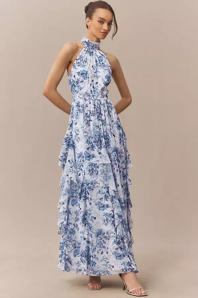 Bhldn High-neck Printed Chiffon Maxi Dress In Blue